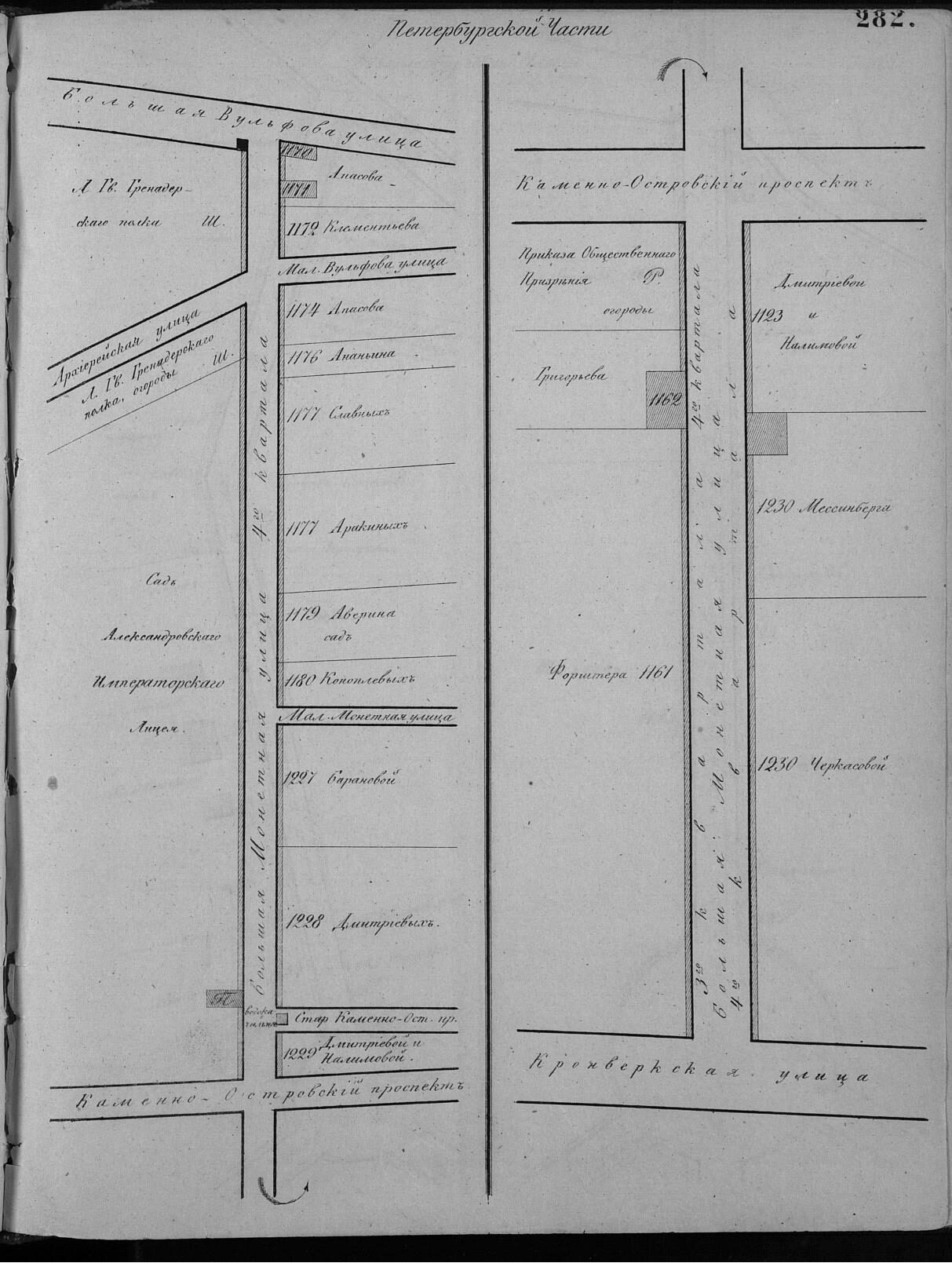 Лист 282 Атласа Цылова 1849 года: планы кварталов Петербургской части с номерами участков и фамилиями владельцев